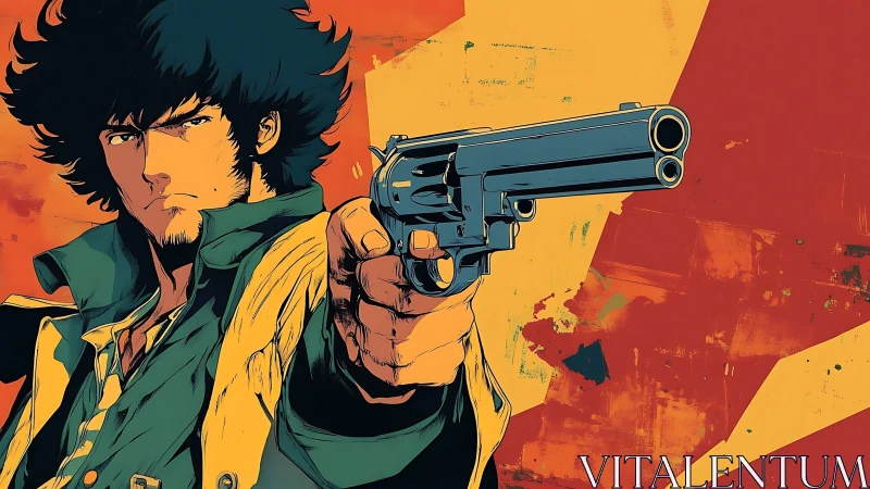 Cel-shaded gunman portrait with dynamic foreshortened revolver