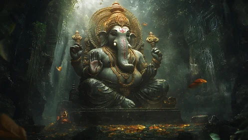 Serene Ganesha statue rests in a misty, overgrown temple