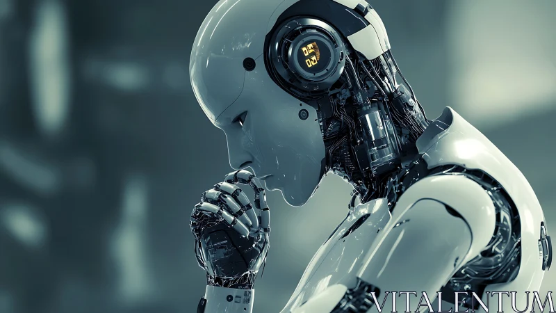 Contemplative humanoid robot in reflective side profile study.