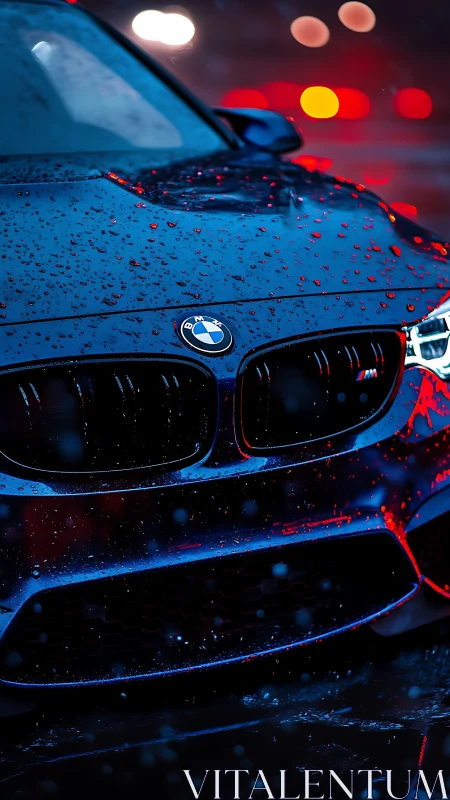 Rain soaked BMW front grille under neon night glow.