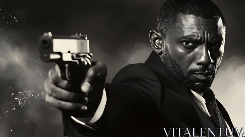 Intense suited man aiming handgun at viewer in smoke-filled scene.