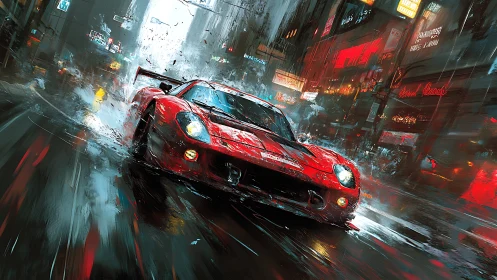 Aerodynamic GT racer slicing neon-soaked urban downpour.