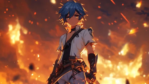 Blue haired anime warrior standing unshaken in molten dusk.