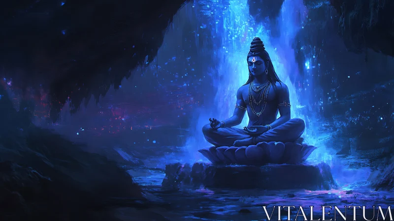 Serene blue deity meditating in a glowing mystical cave.