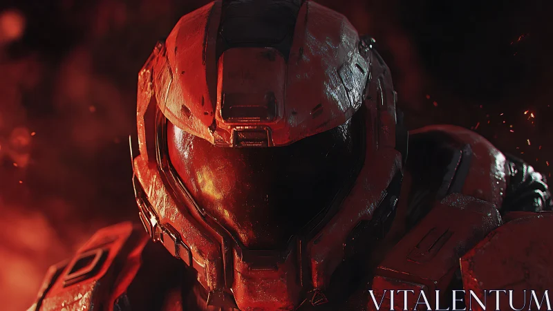 Armored sci fi soldier in red-lit cinematic close portrait.