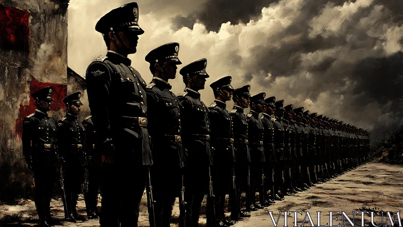 Uniformed soldiers stand in rigid formation under storm clouds