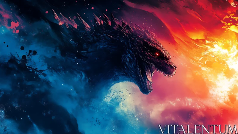 Fiery kaiju roar blazing across vivid cosmic skies.