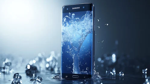 Smartphone standing in water with splash visualized on screen.