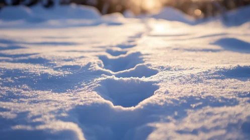 Soft footprints wander across sunlit winter snowfield