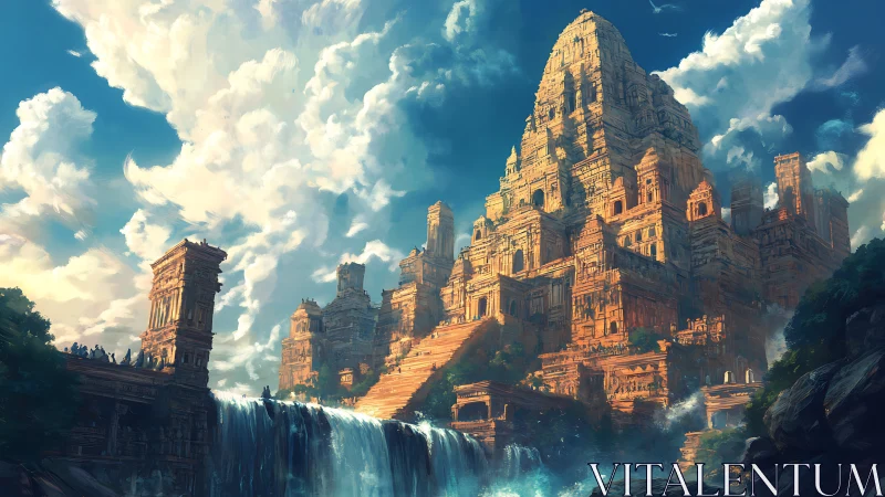 Tiered stone temple complex rises above stepped waterfalls