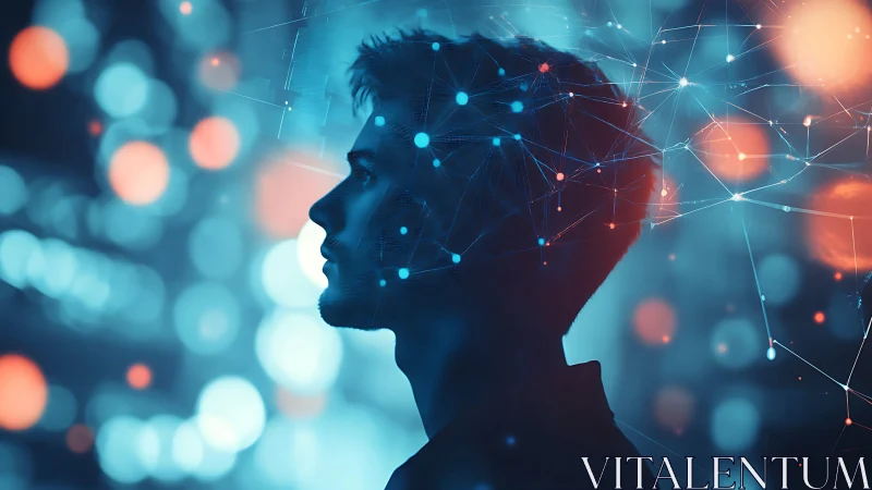 Silhouette profile within luminous neural network bokeh field.
