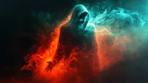 Hooded figure is rendered amid opposing red and blue energy