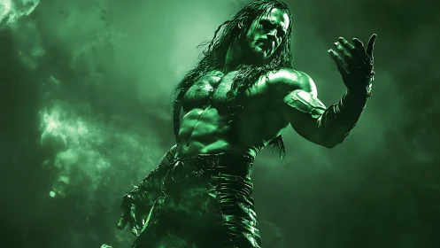 Muscular armored warrior in monochrome green atmospheric backlight