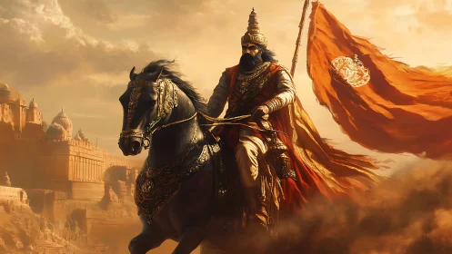 Armored warrior on horse with orange war banner in desert