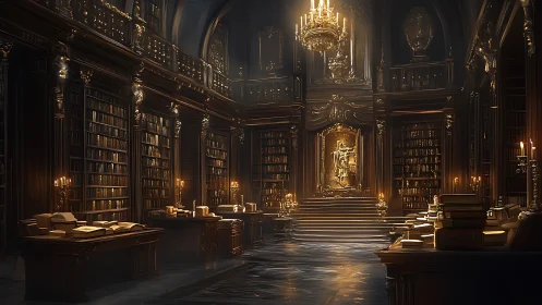 Opulent baroque library interior with warm cinematic lighting.
