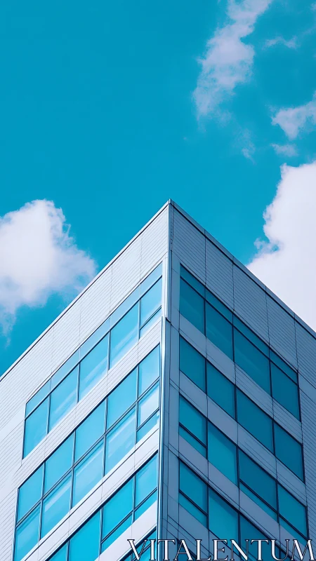Sky-quiet glass tower slices into a cloud-bright blue horizon.