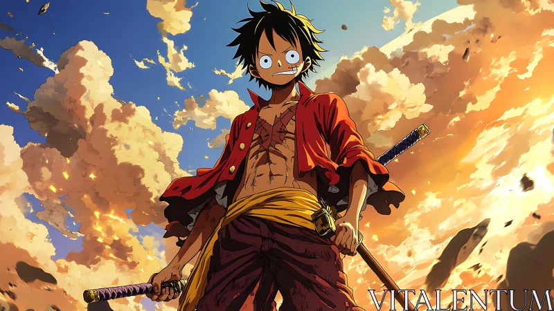 Anime swordsman figure against dramatic sunset sky backdrop.