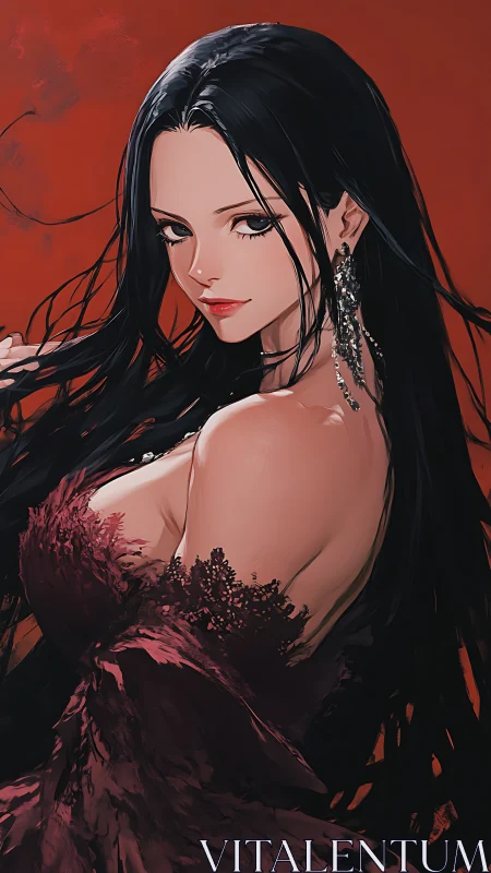 Velvet-gowned enchantress with flowing raven hair poised.