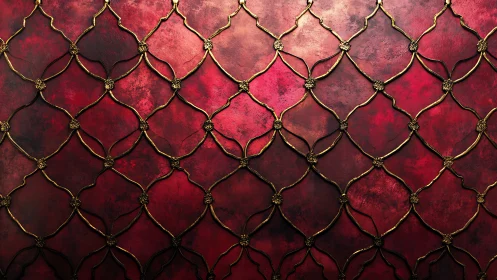 Ornate gold lattice over textured crimson patinated wall