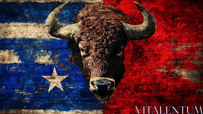 Textured bison portrait over distressed red and blue flag