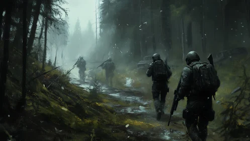 Armed soldiers advance through wet conifer forest path