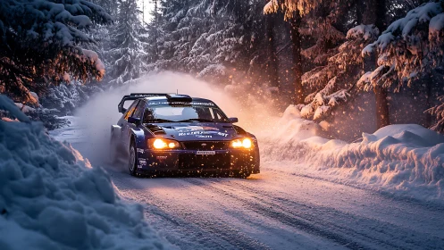 Snowstorm sparks as rally car slashes through twilight pines
