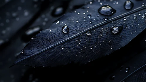 Close-up photograph shows water droplets on dark feather