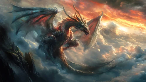 Majestic sky dragon soaring through glowing sunset clouds.
