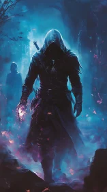 Hooded arcane assassin strides through neon misted ruins