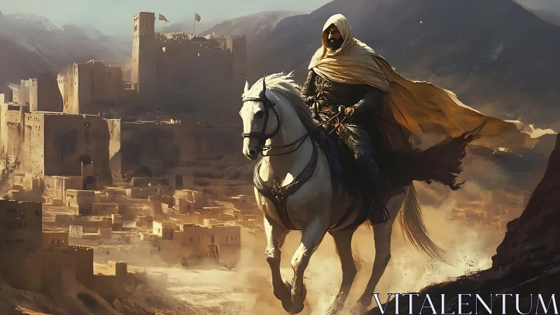 Hooded rider on white horse overlooking desert fortress.
