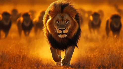 Radiant lion leader emerging through blazing savanna haze.