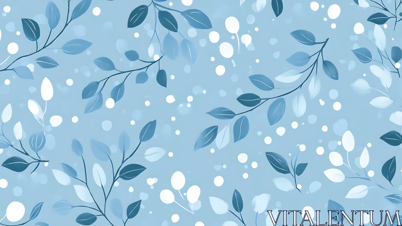 Blue botanical pattern with stylized leaves on soft backdrop.