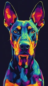 Multicolor stylized Doberman portrait on dark background.