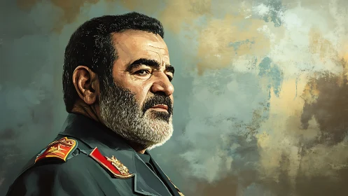 Stoic military commander in textured painterly portrait.