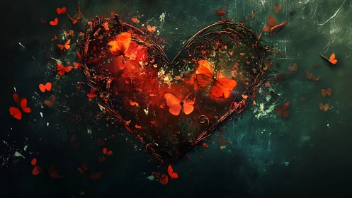 Heart Form With Orange Butterflies Against Dark Green Background.