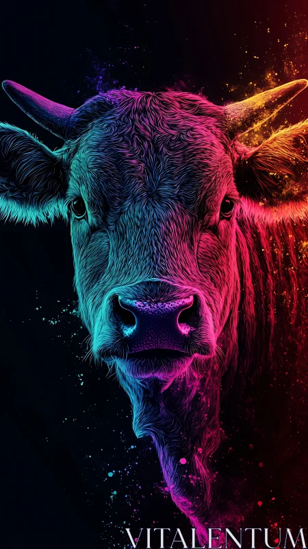 Neon cow portrait glowing with playful cosmic color bursts.