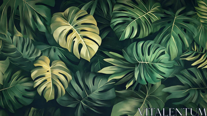 Monstera foliage pattern with layered emerald gradients.