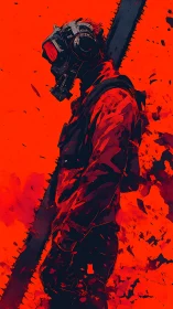 Chainsaw wanderer framed in wild crimson energy.