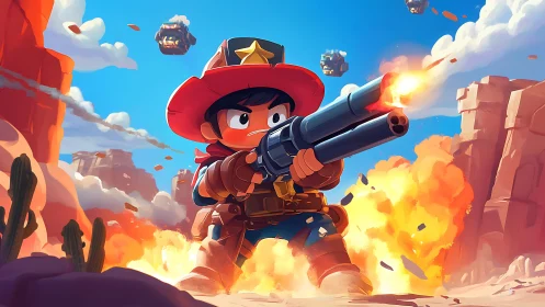 Cartoon gunslinger deploying multi-barrel shotgun in desert firefight.