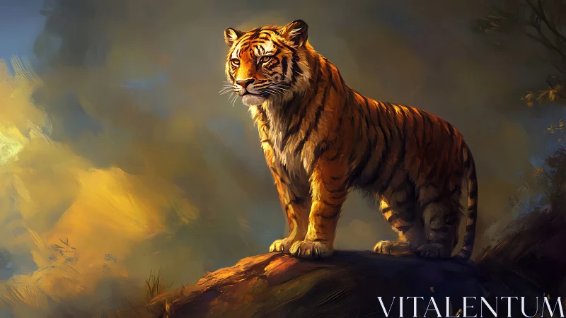 Digital painting shows tiger standing on rock in warm light
