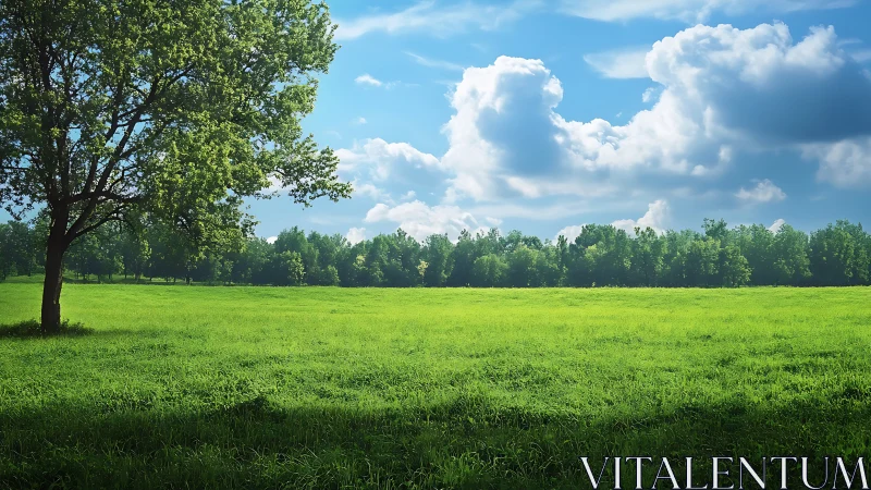 Open grassy field with single tree and distant forest edge.