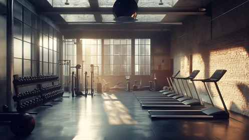 Photorealistic industrial gym interior with directional skylight composition.