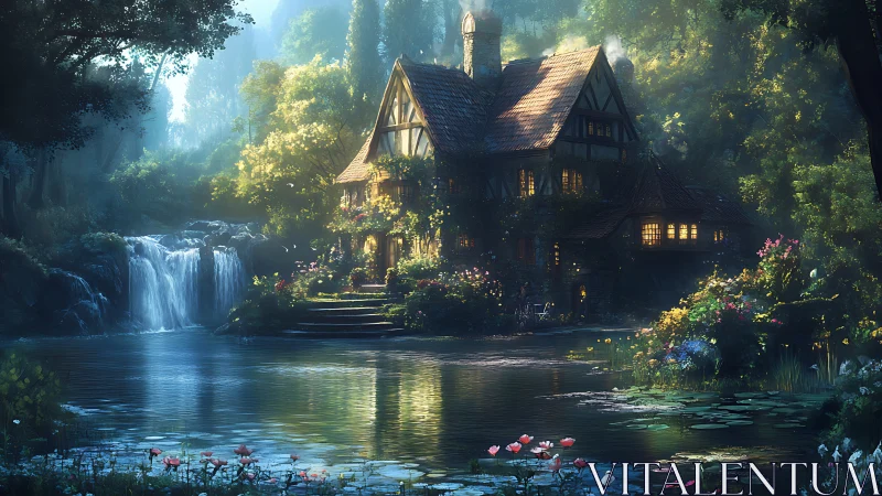 Cozy forest cottage glowing beside a gentle waterfall pond.
