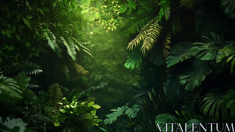 Dense tropical canopy with layered palm fronds and filtered sunlight.