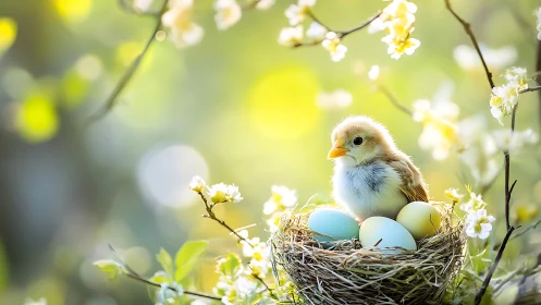 Sunlit nestling and pastel eggs in a blossom-bright cradle.