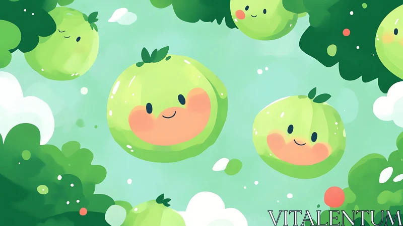 Cheerful sky-orchard of floating melon sprites drifts by