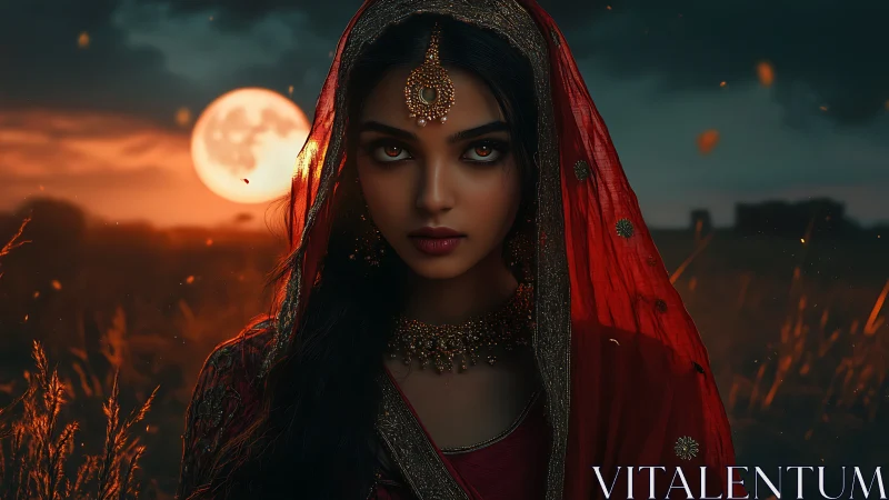 Moonlit bride in crimson veil before burning dusk field.