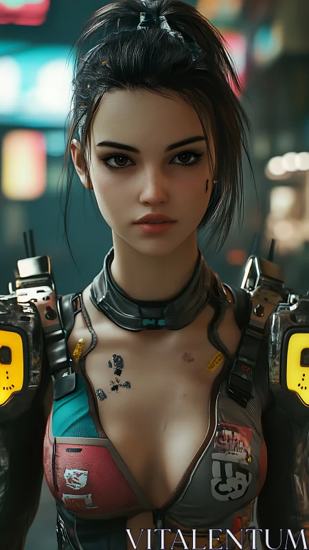 Cybernetic female character stands in detailed urban setting