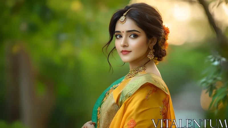 Portrait of woman in sari with shallow depth and warm bokeh