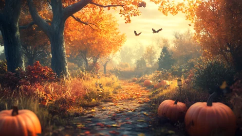 Autumn Forest Path with Pumpkins and Golden Trees.
